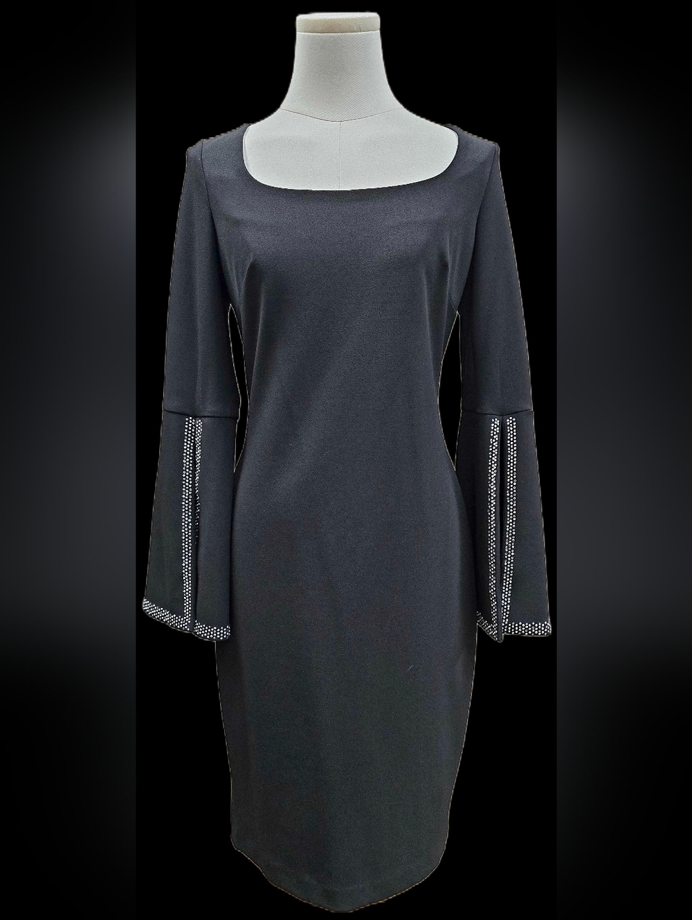 Calvin Klein Black Midi Dress with Rhinestone-Trim Bell Sleeves